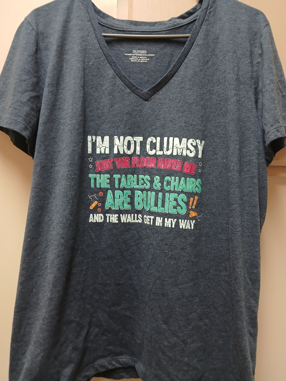 Graphic V-Neck T-Shirt - Navy Blue with Multicolor Print